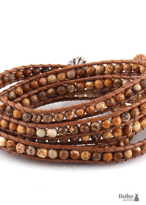 Pulsera Boho, RH, Pulsera de Cuero de 5 Capas, Piedras Naturales de 4 mm, Azul, Blanco y Negro